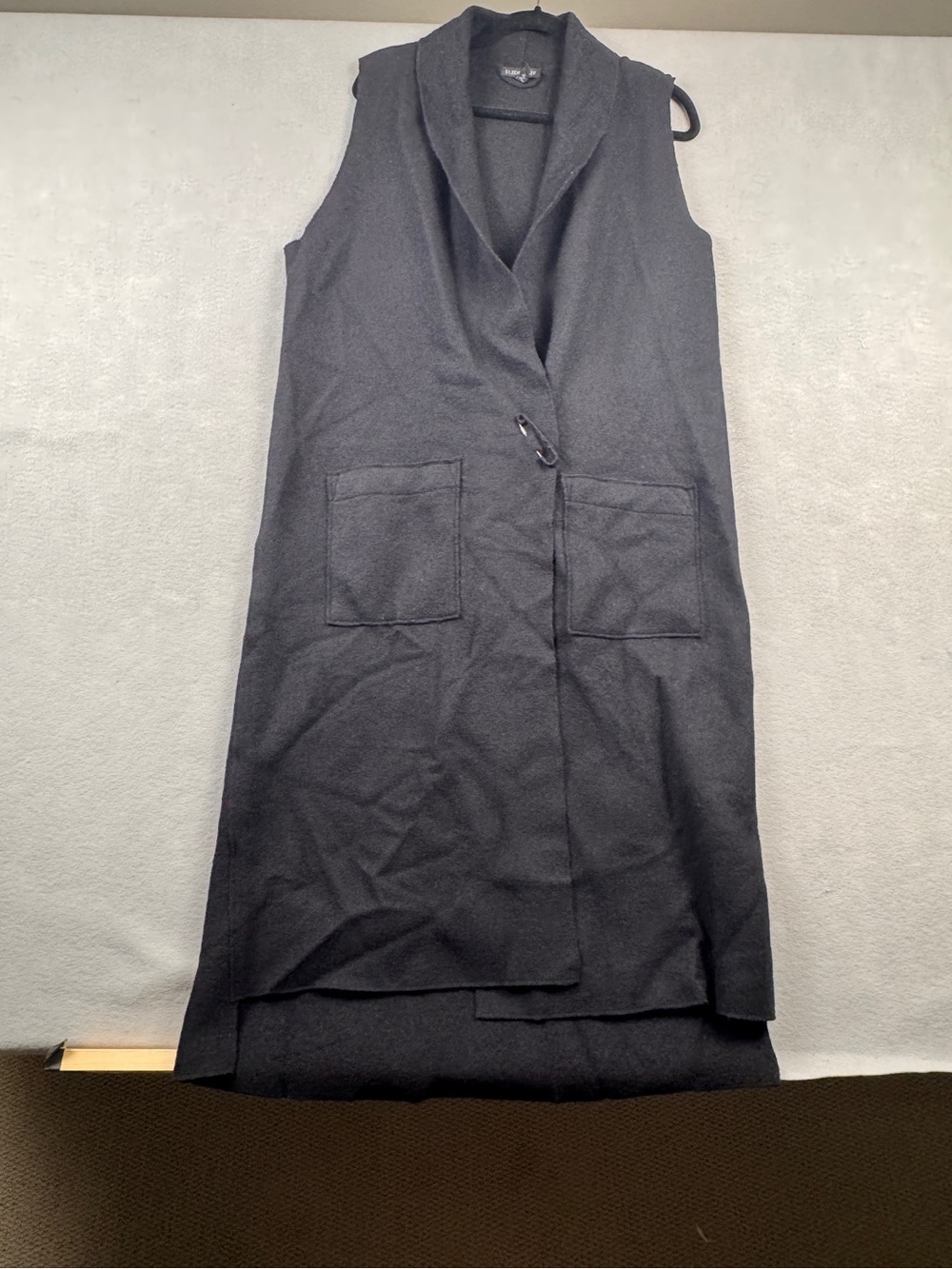 Eileen Fisher Black Alpine Lightweight Boiled Wool Long Vest with PIN Medium